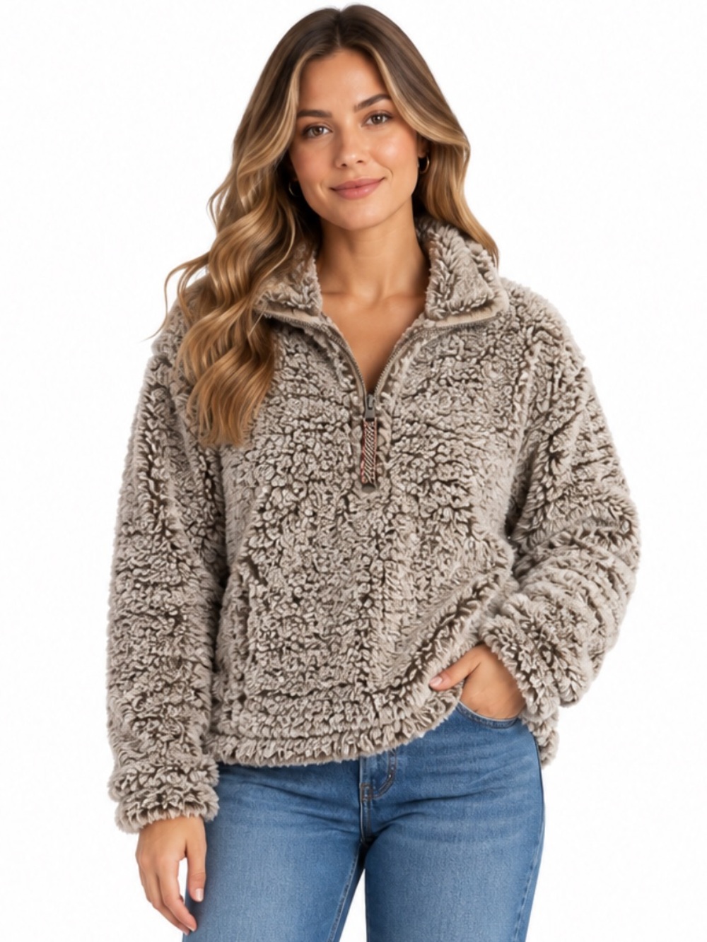 Weatherproof Vintage Women’s Sherpa Faux Fur Quarter Zip Pullover Gray - Size L